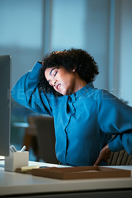 Buy stock photo Neck pain, night and business woman tired of overtime, deadline and work pressure with burnout and muscle strain. Corporate, evening and employee with stress injury working late in a company