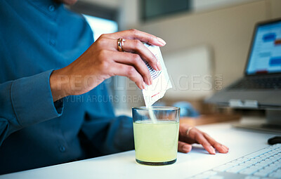 Buy stock photo Medicine, water and hand with effervescent in office for wellness, health and vitamins at desk. Healthcare, corporate and person or worker with powder in glass for supplement, medical drink relief