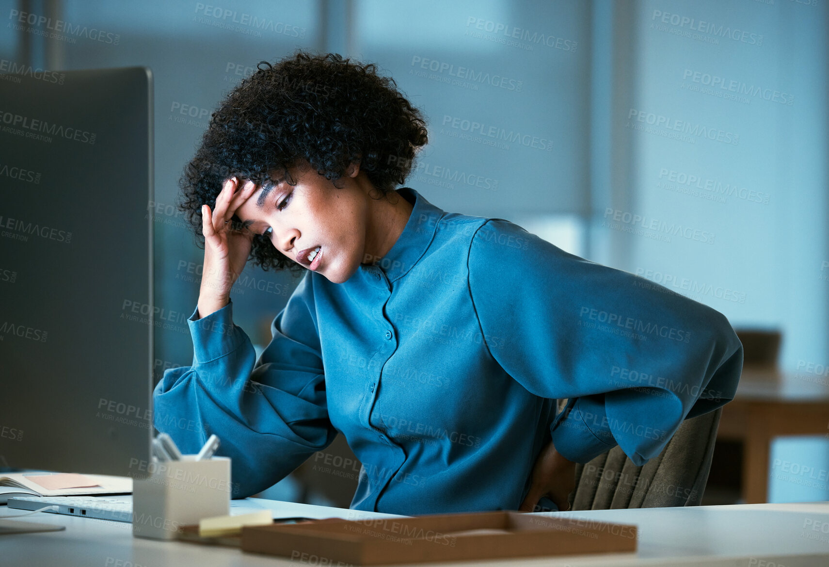 Buy stock photo Back pain, night and business woman with burnout tired of overtime, deadline and work pressure and muscle strain. Corporate, headache and employee with stress injury working late in a company