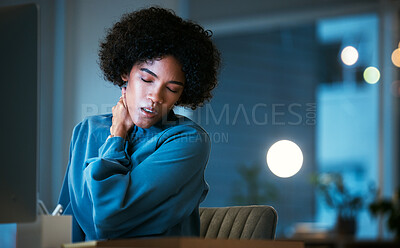 Buy stock photo Neck pain, night and corporate woman tired of overtime, deadline and work pressure with burnout and muscle strain. Business, evening and employee with stress injury working late in a company