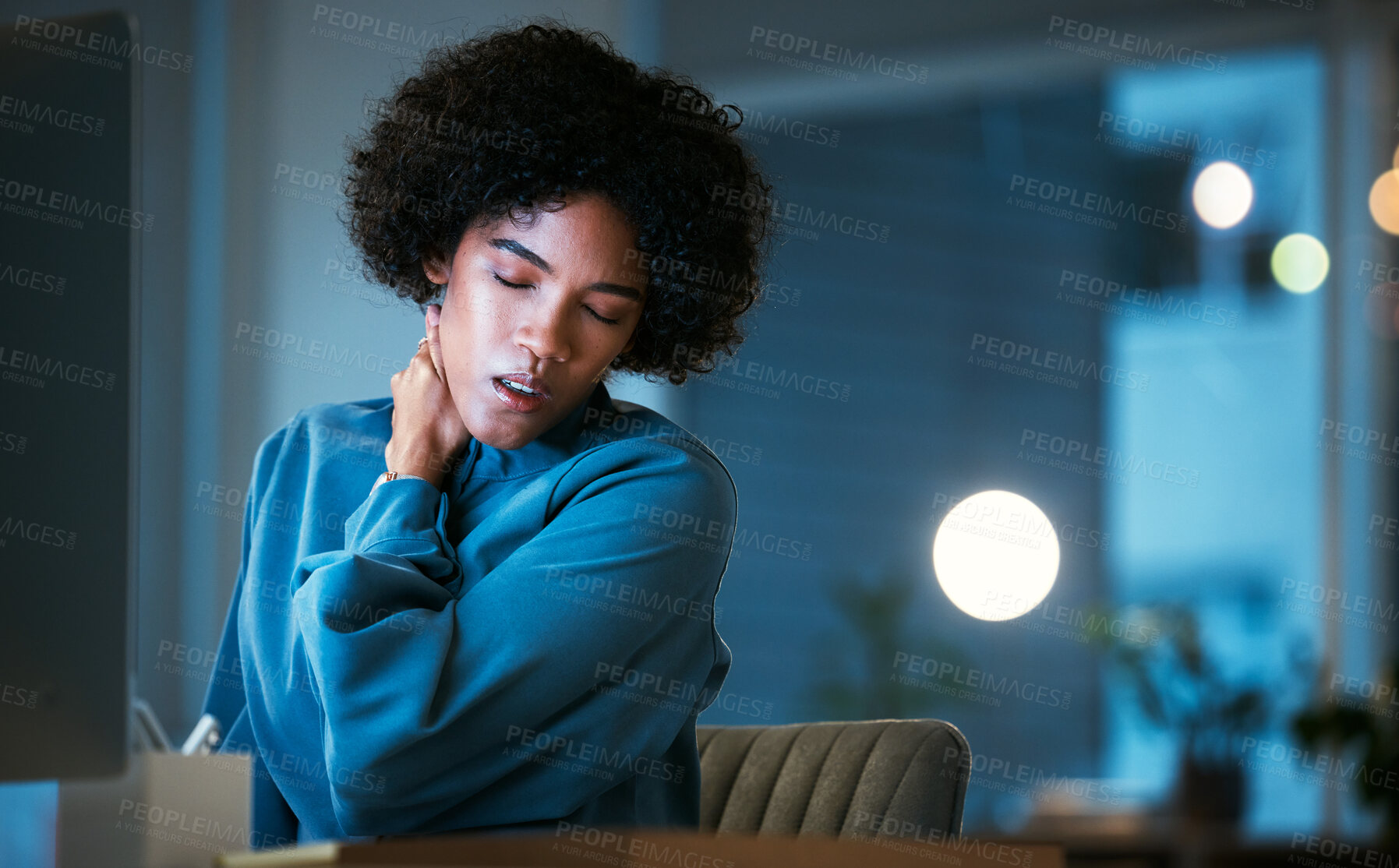 Buy stock photo Neck pain, night and corporate woman tired of overtime, deadline and work pressure with burnout and muscle strain. Business, evening and employee with stress injury working late in a company