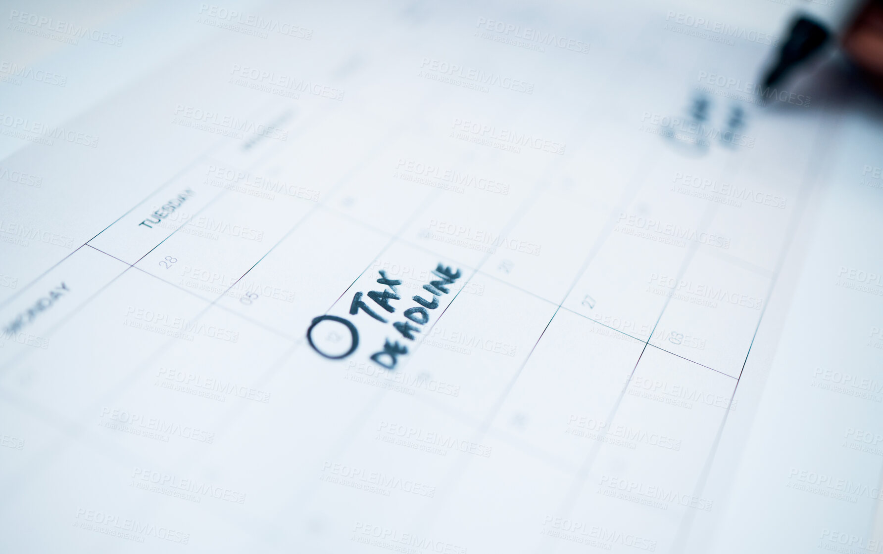 Buy stock photo Person, calendar and date for tax, deadline or reminder in schedule planning or strategy on desk at office. Closeup of writing, paper or agenda for memory, financial plan or daily tasks at workplace