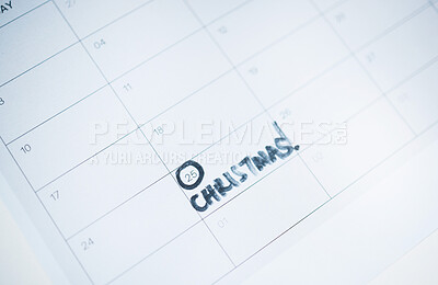 Buy stock photo Christmas, date or calendar countdown number or paper planning, holiday vacation or preparation. Planner design, note or days important reminder for event, tradition or festive season for appointment