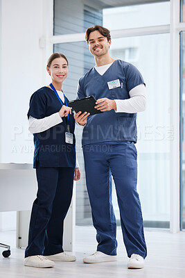 Buy stock photo Portrait, doctor and nurse with tablet in hospital, healthcare and teamwork with smile in office. Happy medical professional, man and woman with digital app for research, health insurance or schedule