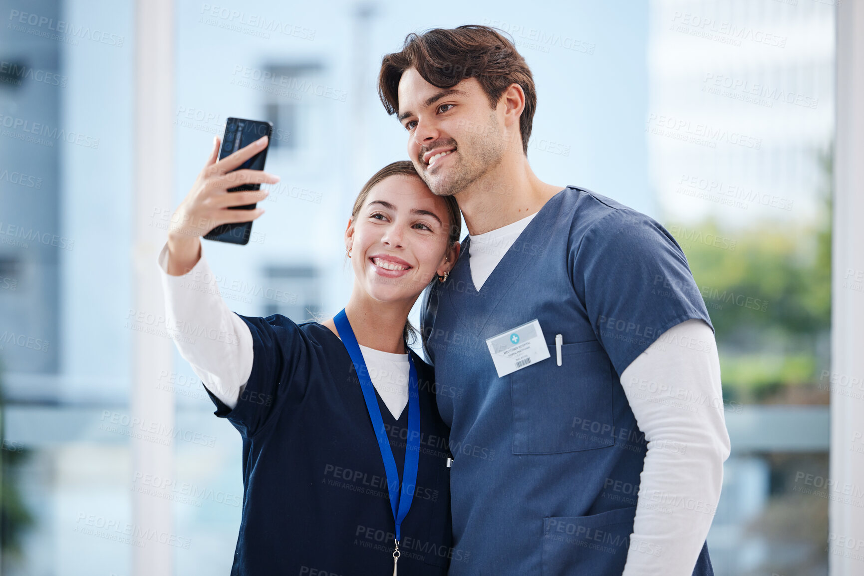 Buy stock photo Happiness, friends and selfie of team doctors, nurses or surgeon smile, profile picture and clinic photography. Service teamwork, healthcare cooperation and medic post photo to wellness social media