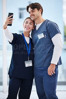 Buy stock photo Happiness, people and selfie of team doctors, nurses or surgeon smile, profile picture and hospital photography. Clinic partner, medical teamwork and medicine expert post friends to social media app