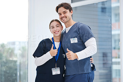 Buy stock photo Portrait, doctors and happy people hug, thumbs up and smile for medical service, healthcare agreement or vote opinion. Support friends, emoji like sign and hospital surgeon team with yes feedback