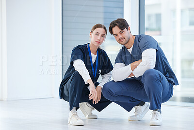 Buy stock photo Portrait, teamwork and clinic team, doctors or nurses with confidence in collaboration, medical service or partner. Cooperation, hospital staff and healthcare surgeon for health, wellness or help