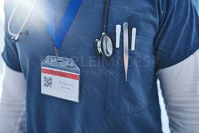 Buy stock photo Close up, doctor and medical utensils with stethoscope, morning sunrise and name tag. Healthcare, service professional and work for wellness, scrubs and worker for employee, surgeon and medicare 
