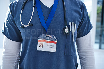 Buy stock photo Close up, doctor and medical hospital with stethoscope, morning sunrise and name tag. Healthcare, service professional and work for wellness, scrubs and worker for employee, surgeon and medicare 