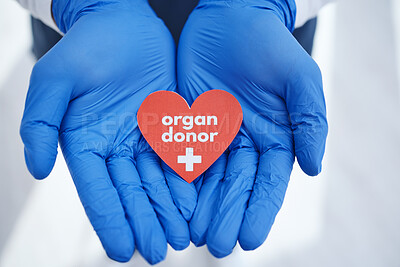 Buy stock photo Hands, heart and doctor with organ donation, help and medical transplant in hospital zoom. Healthcare, charity and palm of surgeon with sign for cardiovascular, surgery or donor, support or hope