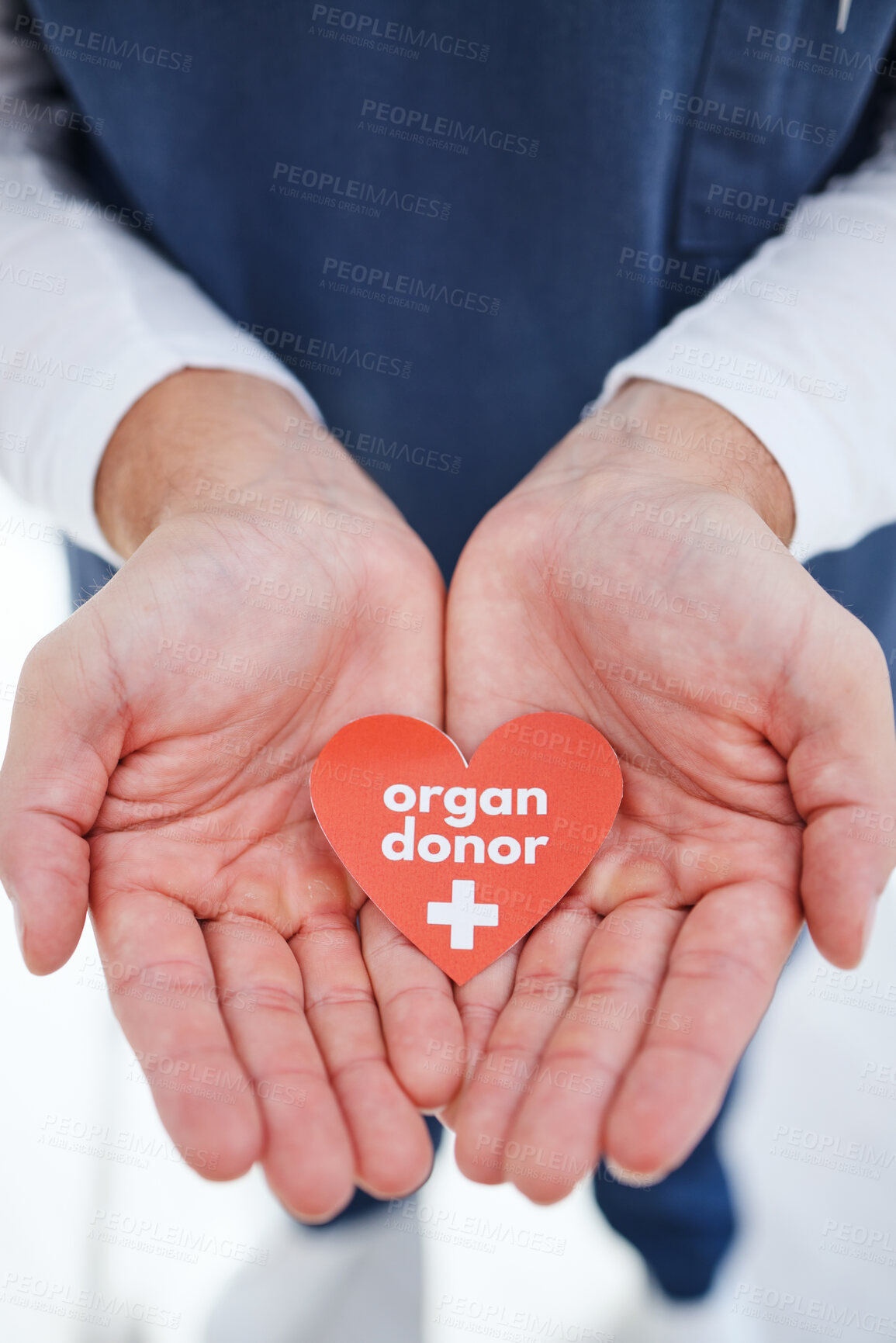 Buy stock photo Nurse, hands and heart for organ donor, transplant and good deed for healthcare, medical service and work. Doctor, hospital and charity for help, support and sign for medicare, compassion and donation