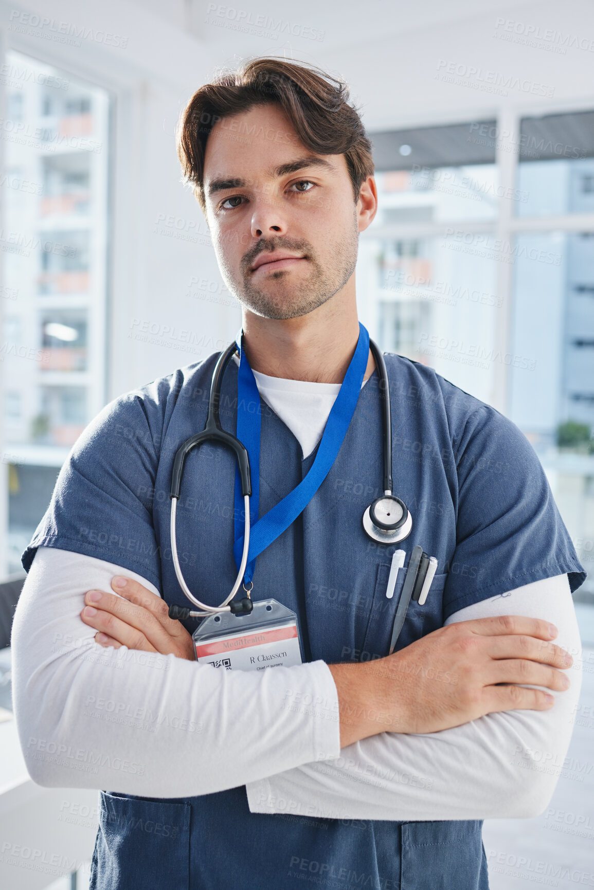 Buy stock photo Hospital portrait, arms crossed and serious man, doctor or nurse with confidence, pride and medical expertise. Healthcare, medicine clinic trust and professional medic for cardiology support help