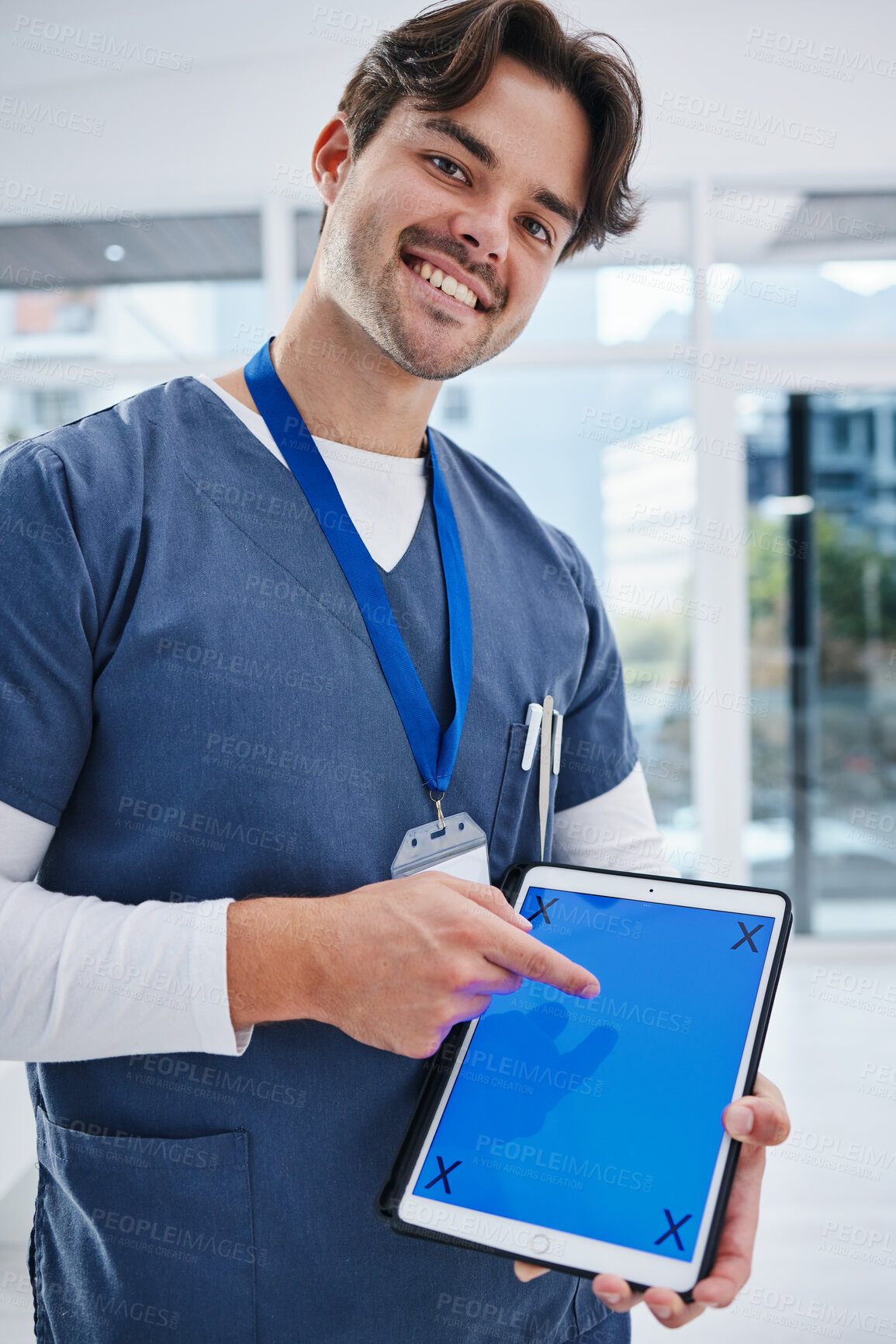 Buy stock photo Tablet screen, portrait and happy man point at doctor healthcare presentation, clinic notification or advertising medicine. UI mockup space, wellness info or professional surgeon with medical data