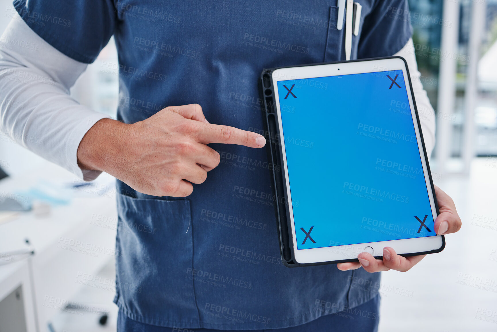 Buy stock photo Tablet, green screen and person pointing at doctor healthcare presentation, clinic telehealth info or online services. UI mockup space, tracking markers or closeup surgeon hands show medical research