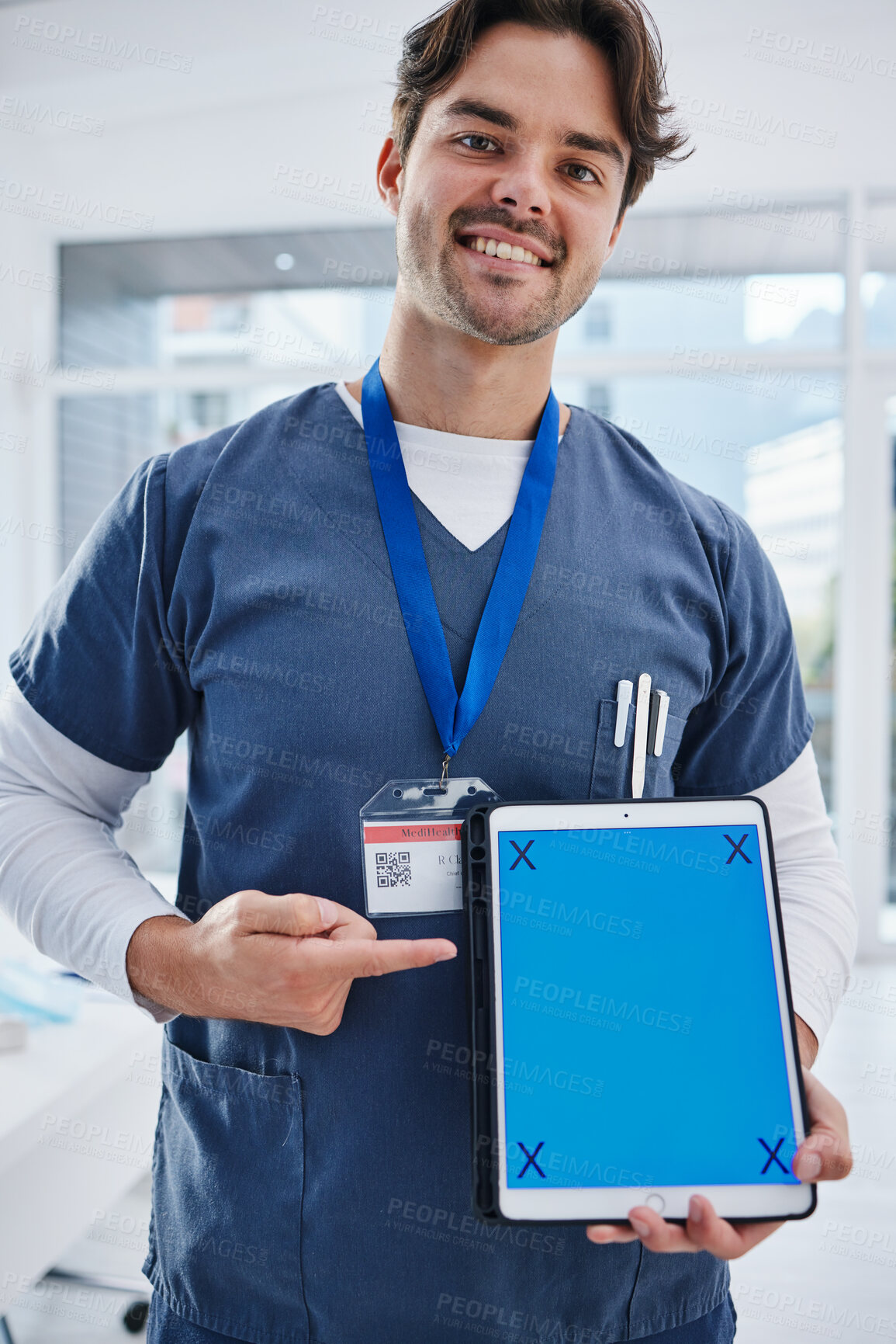 Buy stock photo Tablet screen, portrait and happy man point at surgeon healthcare announcement, clinic notification or advertising service. UI mockup space, online tracking markers and male nurse with medical data