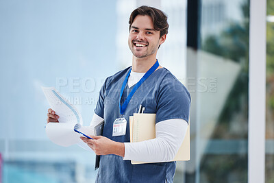 Buy stock photo Hospital portrait, doctor and happy man with clipboard nursing results, healthcare data or clinic information. Smile, medical checklist or medicine expert, surgeon or nurse with health research notes