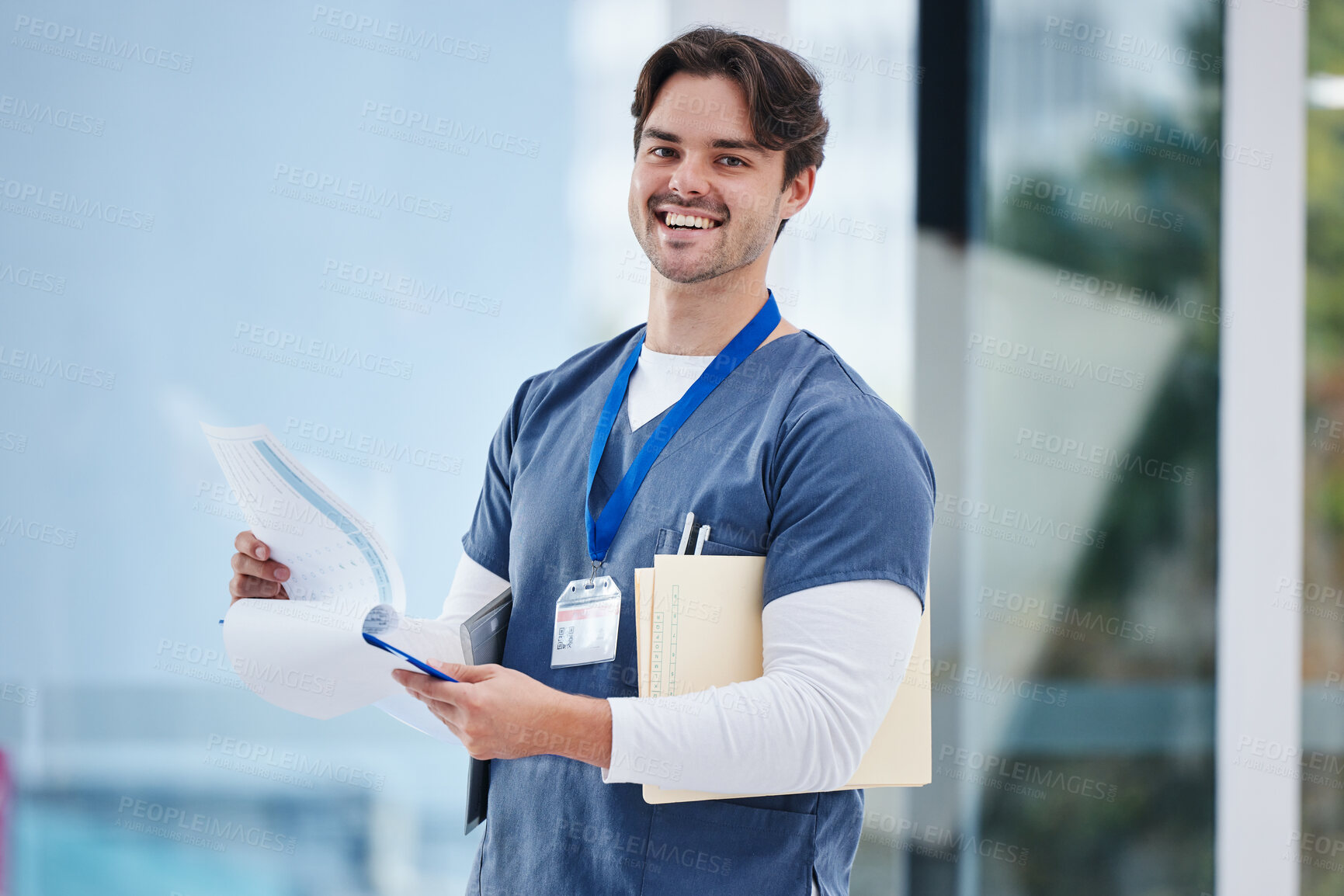 Buy stock photo Hospital portrait, doctor and happy man with clipboard nursing results, healthcare data or clinic information. Smile, medical checklist or medicine expert, surgeon or nurse with health research notes