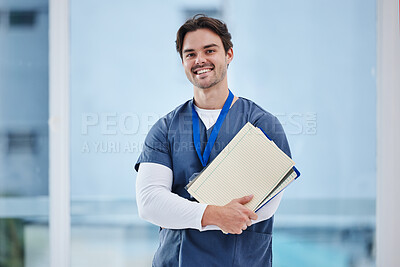 Buy stock photo Doctor, arms crossed and portrait of happy man with notebook, healthcare records or clinic info for study test. Surgeon internship, medical education and student nurse confident for medicine research