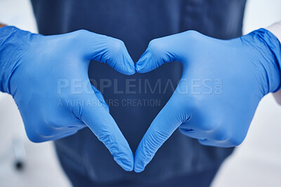 Buy stock photo Gloves, hospital and hands in heart of doctor for medicine, surgery and working in clinic for wellness. Healthcare, emoji and person with ppe for safety, insurance and support for medical service