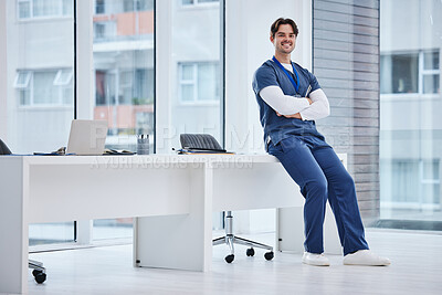 Buy stock photo Portrait, arms crossed and relax happy man, doctor or nurse with confidence, career pride and expert medical service. Wellness support, medicine clinic and professional surgeon sitting on office desk