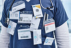 Close up, doctor and name tags with stethoscope, morning sunrise and medical hospital. Healthcare, service professional and work for wellness, scrubs and worker for employee, surgeon and medicare 