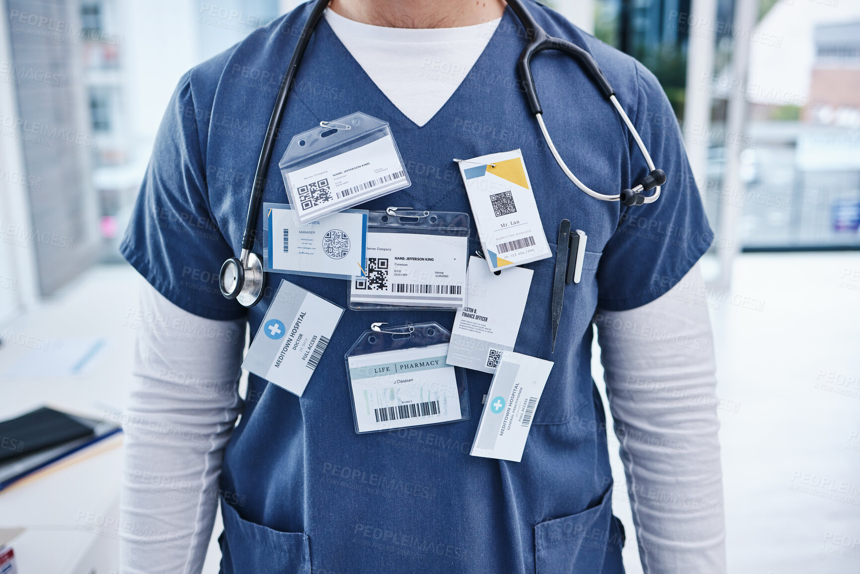 Buy stock photo Hospital, doctor and man with name tag, healthcare and promotion with progress, surgeon and nurse. Zoom, person and medical professional with card, wellness and consultant with physician in a clinic