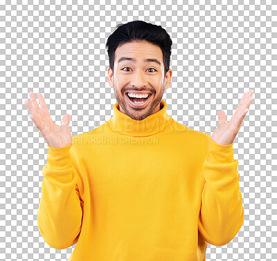 Buy stock photo Portrait, surprise and man with news, wow and excited isolated on a transparent background. Face, happy person and model with announcement, facial expression and friendly with omg, png and emoji