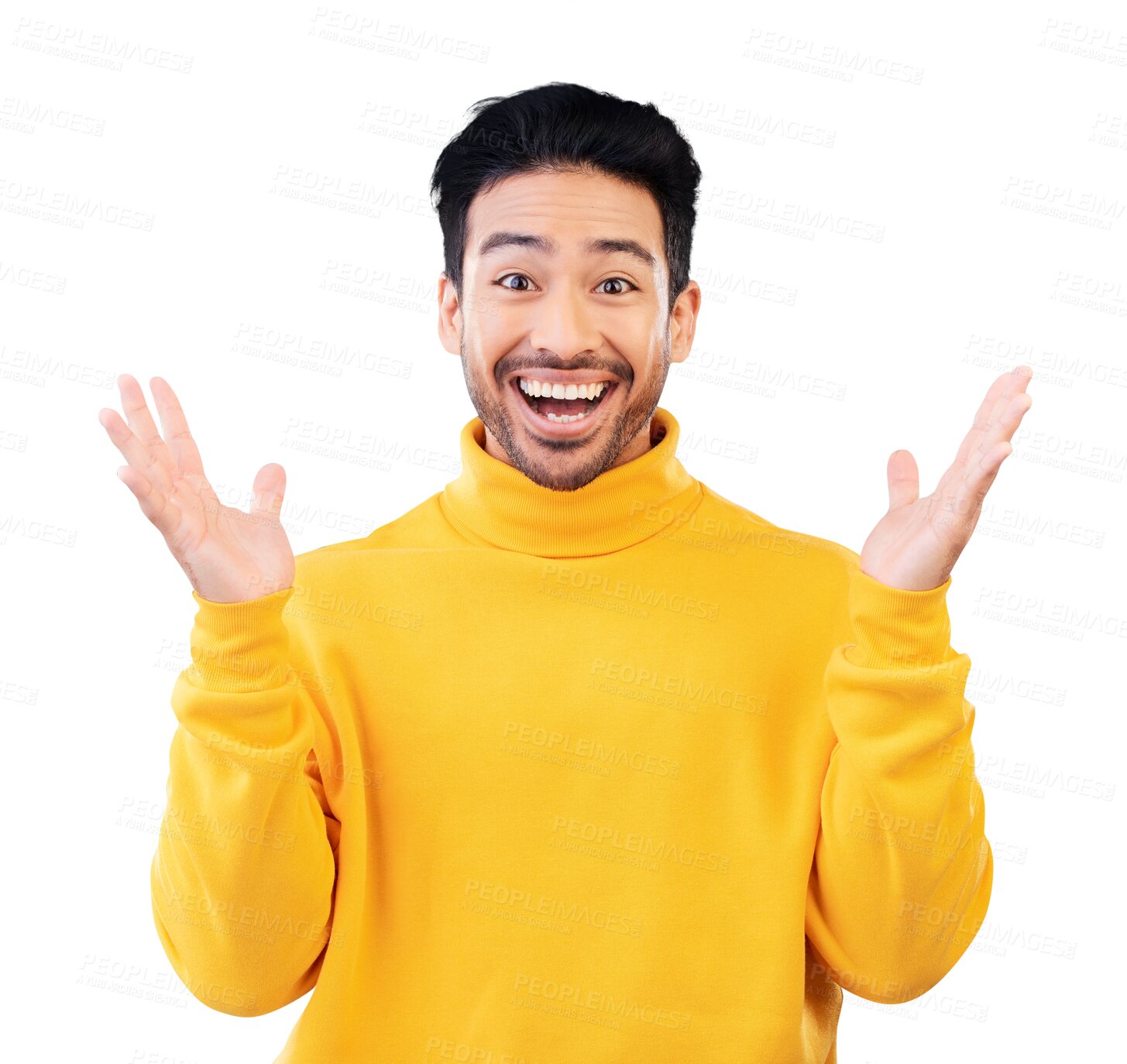 Buy stock photo Portrait, surprise and man with news, wow and excited isolated on a transparent background. Face, happy person and model with announcement, facial expression and friendly with omg, png and emoji