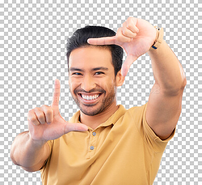 Buy stock photo Happy asian man, portrait and hands framing face in photography isolated on a transparent PNG background. Male person frame smile for photography, picture or memory in social media, selfie or capture