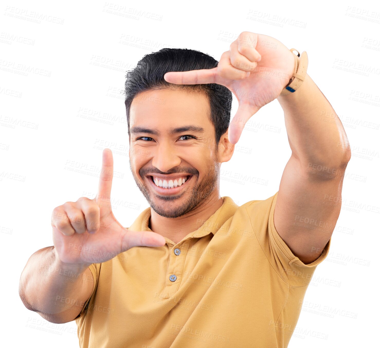 Buy stock photo Happy asian man, portrait and hands framing face in photography isolated on a transparent PNG background. Male person frame smile for photography, picture or memory in social media, selfie or capture