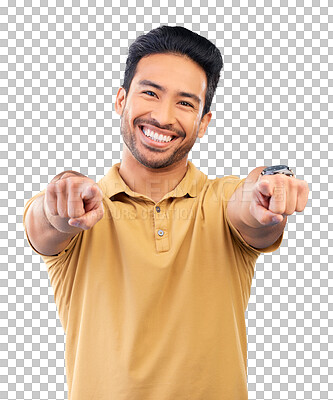 Buy stock photo Happy, man and pointing finger in portrait, hand gesture
or smile for hiring, winner or job. Chinese, male or interview for hr, support and accountability and isolated on transparent png background