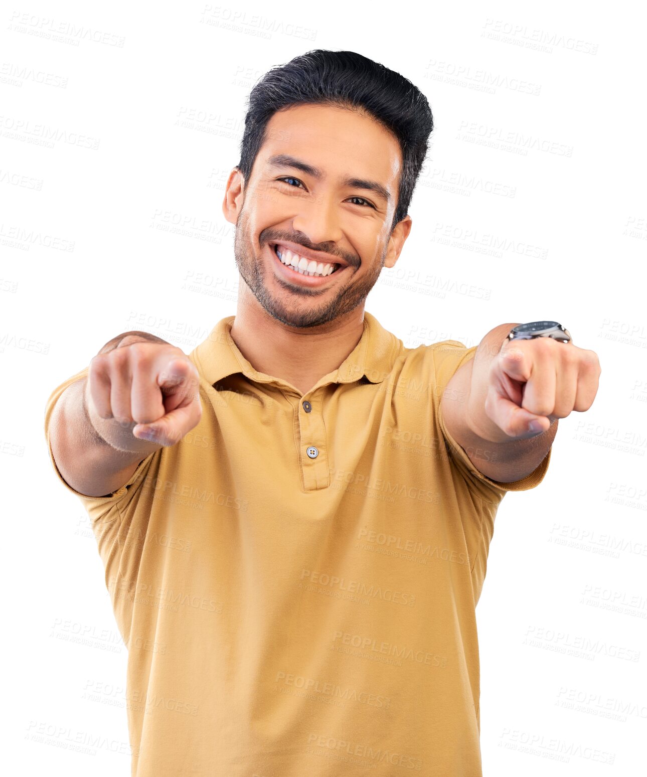 Buy stock photo Happy, man and pointing finger in portrait, hand gesture
or smile for hiring, winner or job. Chinese, male or interview for hr, support and accountability and isolated on transparent png background