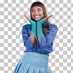 Makeup, fashion and funky with a retro black woman in studio on a blue background for contemporary style. Smile, cosmetics and trendy with a happy or attractive young female posing on a color wall