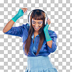 Music headphones, dancing and woman with cyberpunk fashion and a smile on blue background in studio. Gen z model person with color clothes for dance while streaming and listening to futuristic audio