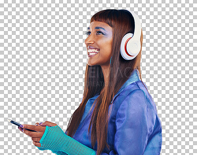 Buy stock photo Cyberpunk, phone and happy woman with headphones isolated on transparent png background. Future fashion, profile and model listening to streaming music on smartphone, girl in party clothes and smile