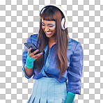 Phone, music and fashion with a model black woman in studio on a gray background for contemporary style. Social media, happy and edgy with a trendy person streaming or listening to audio inside