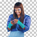 Woman, phone and laughing for funny joke, meme or social media isolated against a studio background. Happy female model smiling and laugh in fashion on mobile smartphone for networking with fun humor