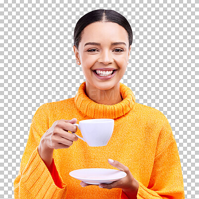Tea, woman portrait and smile in studio with happiness and mug. Isolated, blue background and happy female model and young person with casual winter fashion and joy from coffee drink smiling
