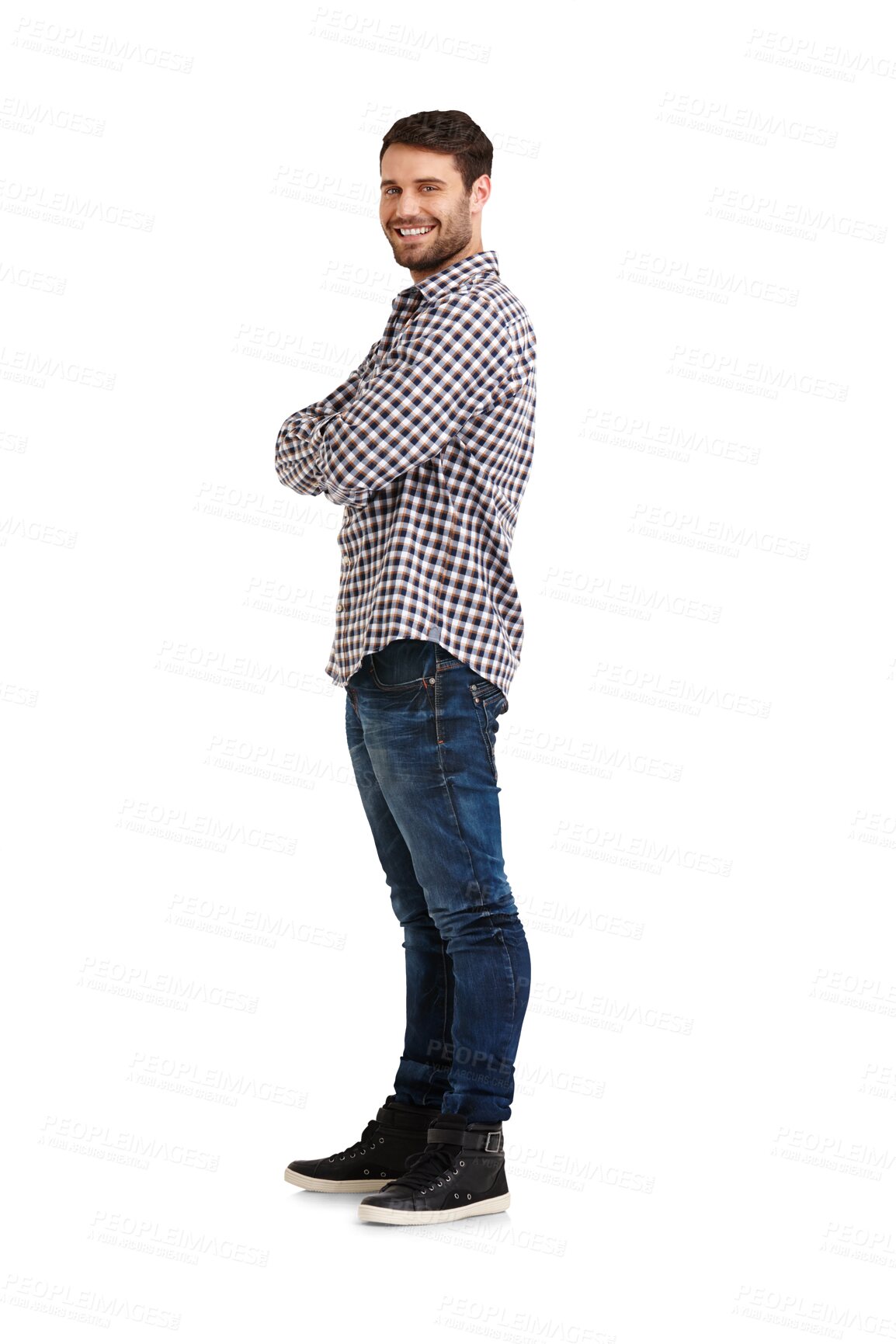 Buy stock photo Portrait, smile and man with arms crossed, fashion and cheerful guy isolated on a transparent background. Full body, model or person with casual outfit, trendy clothes and joyful with png and profile