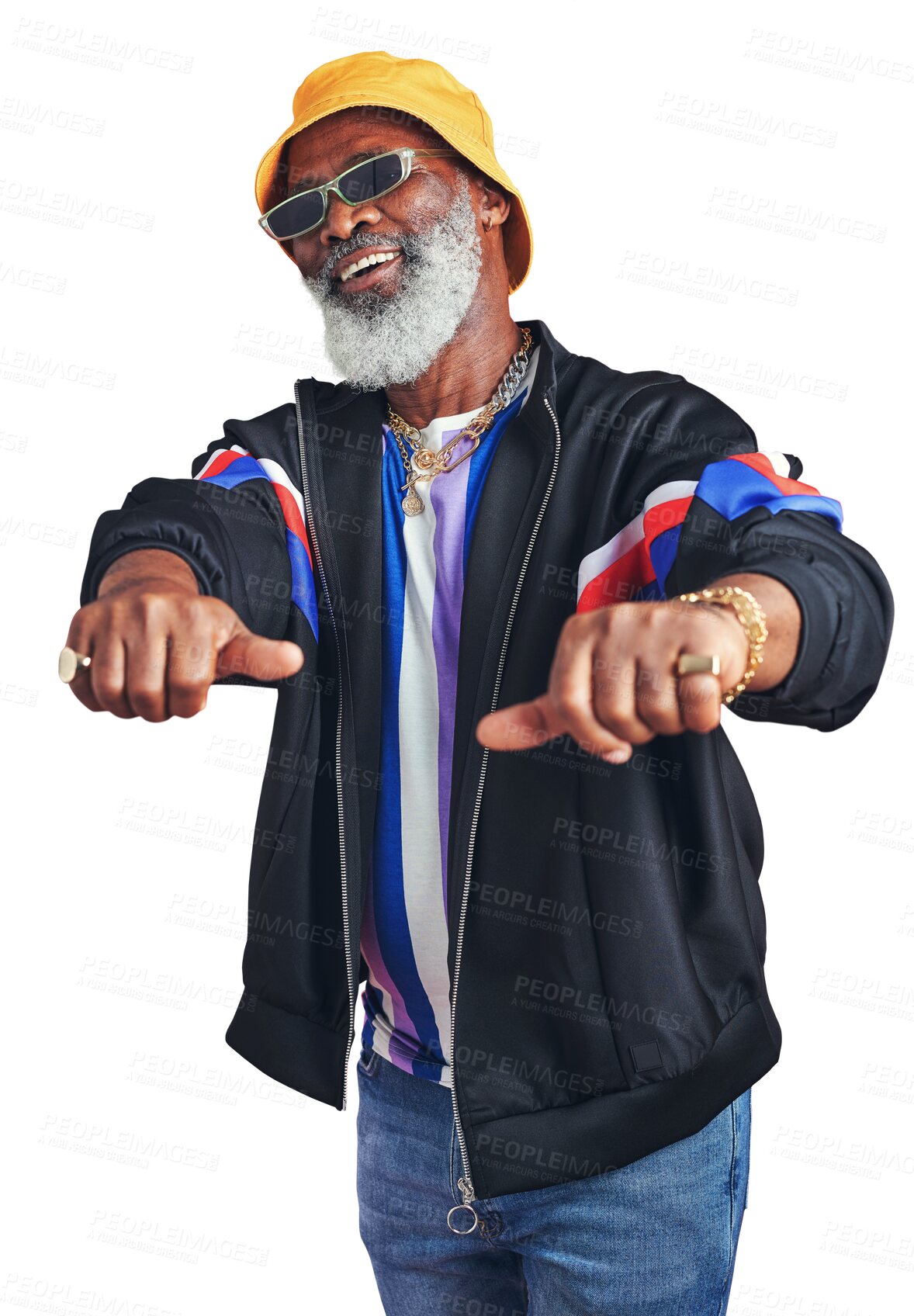 Buy stock photo Portrait, thumbs up and urban with a senior black man isolated on a transparent background for hip hop style. Thank you, yes emoji and like with an elderly person on PNG to gesture in support