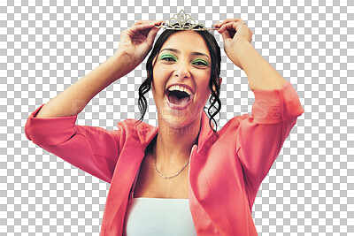 Portrait, energy and princess tiara with a woman isolated on transparent background for freedom or royalty. Crown, smile and fashion with a happy young model on PNG in celebration as a pageant winner