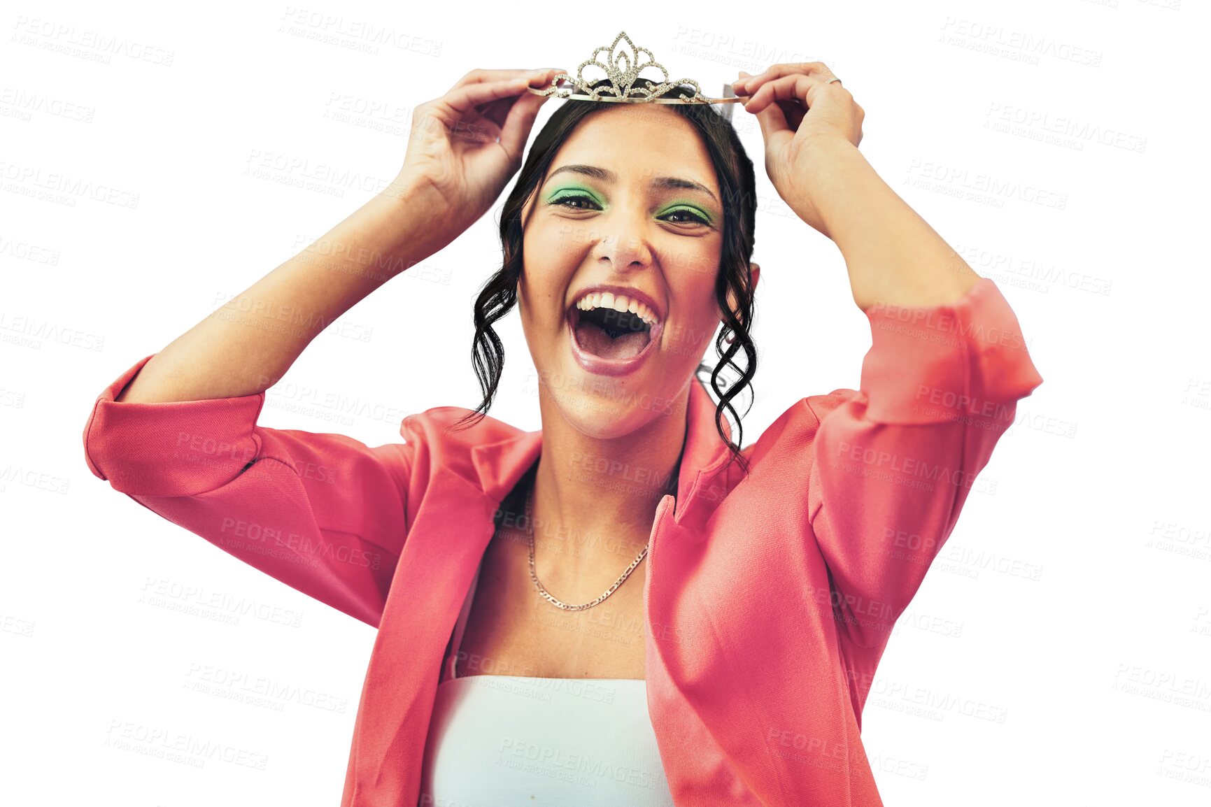 Buy stock photo Portrait, energy and princess tiara with a woman isolated on transparent background for freedom or royalty. Crown, smile and fashion with a happy young model on PNG in celebration as a pageant winner