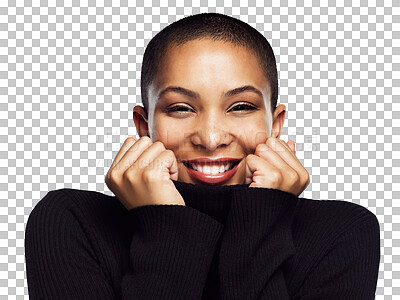 Buy stock photo Black woman, portrait and smiling with warm clothes and isolated on a png transparent background with short hair. Minimal makeup, winter style and fashion with turtle neck, cosmetics and skincare 