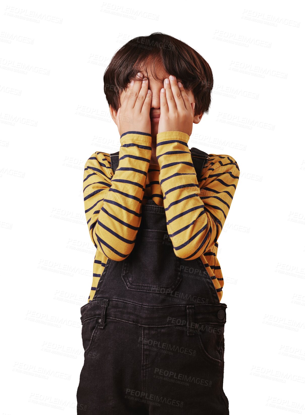 Buy stock photo Cute, sad boy and hiding the face while playing a game isolated on a transparent png background. Young child, adorable and autism, avoiding and covering for facial expression, shy and crying