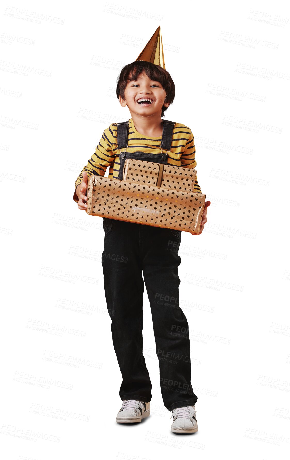 Buy stock photo Happy boy, gifts and birthday party with portrait, asian child and celebrate with hat for fun. Excited kid, smiling and present with starry wrapping to open and isolated on transparent png background