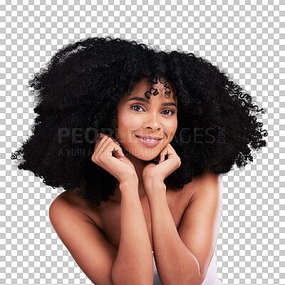 Buy stock photo Afro, cosmetic and portrait of young black woman with natural, makeup and selfcare for curly hairstyle. Glow, clean and African girl with skincare treatment isolated by transparent png background.