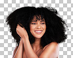 Curly hair texture, black woman and makeup of a young model with a healthy afro from salon treatment. Happy face, cosmetics and African person with wellness, skincare and smile from beauty in studio