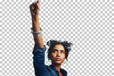 Buy stock photo Young woman, victory and power with fist in celebration of achievement, rights or opinion. Black, female model and success on isolated on a transparent png background for freedom, vision or wellness