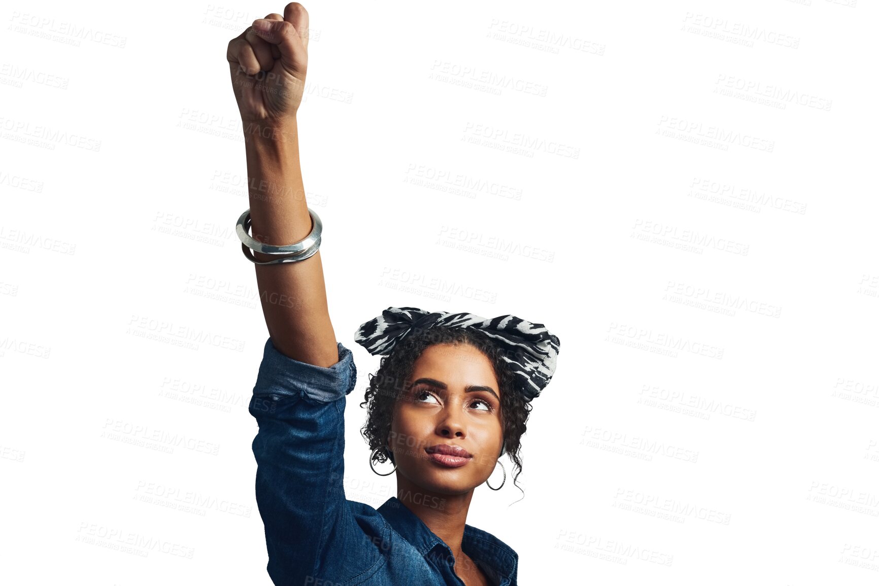 Buy stock photo Young woman, victory and power with fist in celebration of achievement, rights or opinion. Black, female model and success on isolated on a transparent png background for freedom, vision or wellness